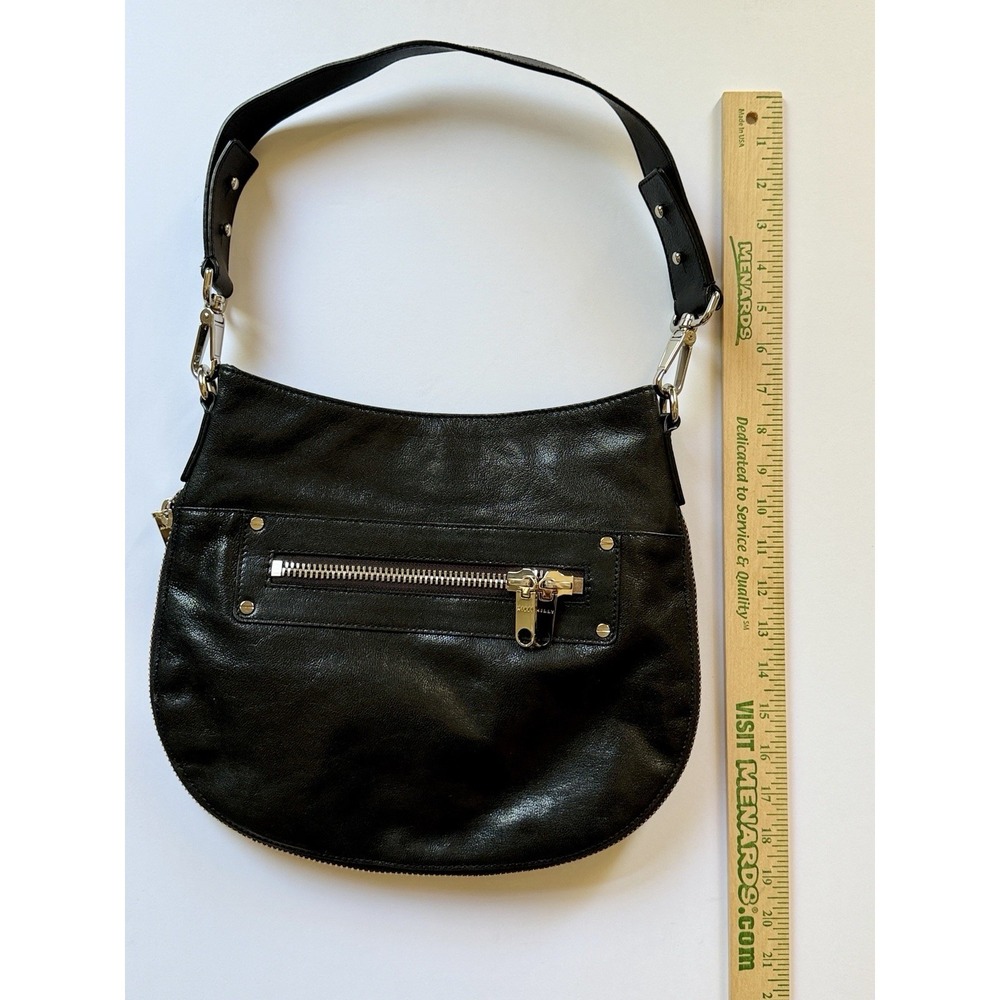 MILLY Black Leather Hobo Bag Expandable Bottom Silver Zip Shoulder Bag NWOT - Picture 7 of 12